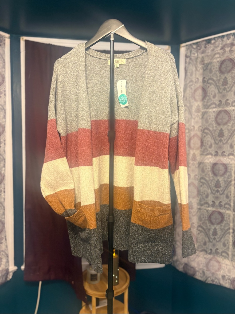 Striped Open-Front Women's Cardigan — Rust, Cream & Gray